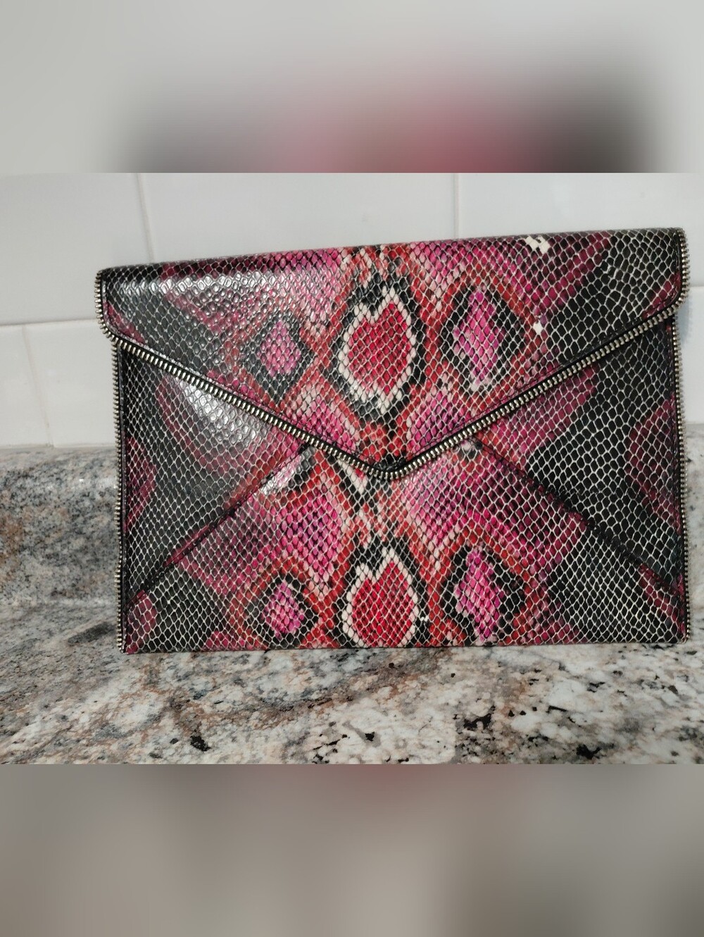 Rebecca Minkoff Pink Snake-Print Envelope Clutch